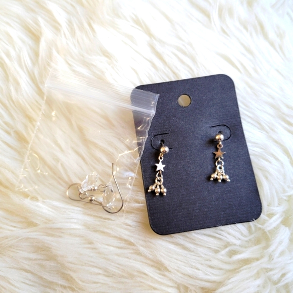 Two Pair of Dangly Earrings Silver Stars and Crystal